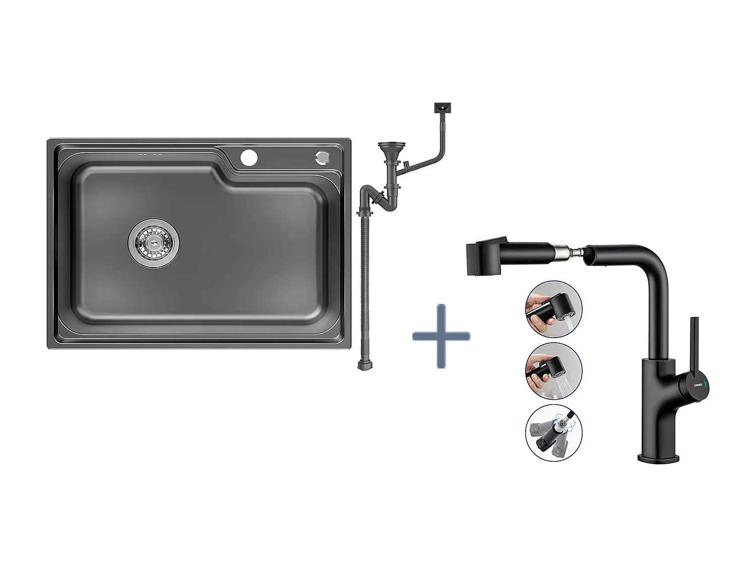 Auralum Max Évier Cuisine 1 Bac 62*45*21CM,en Inox PVD Nano Vasque à Poser,Noir+Robinet de Cuisine Noir avec Douchette Extractible,Deux Jets