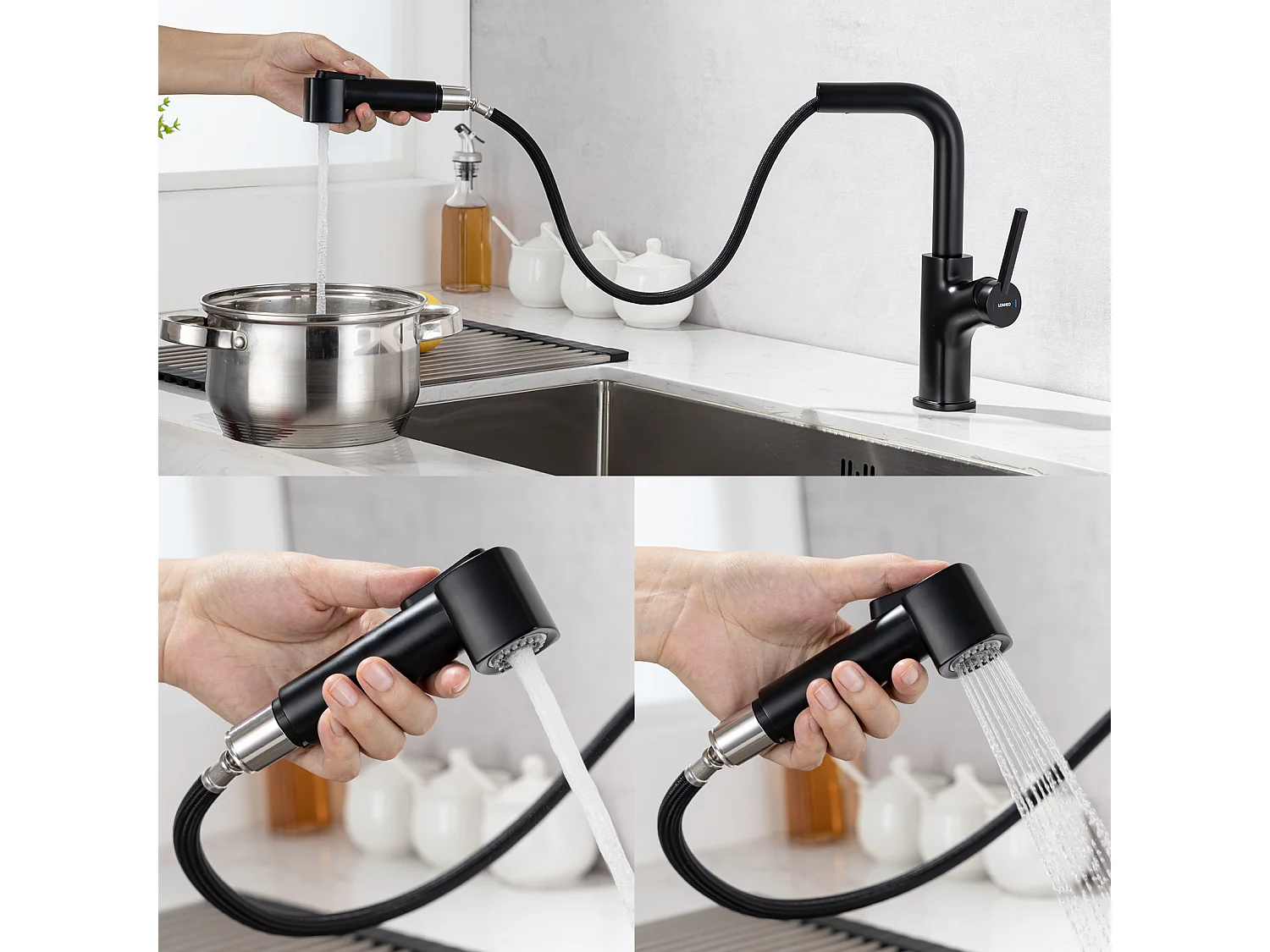 Auralum Max Évier Cuisine 1 Bac 62*45*21CM,en Inox PVD Nano Vasque à Poser,Noir+Robinet de Cuisine Noir avec Douchette Extractible,Deux Jets