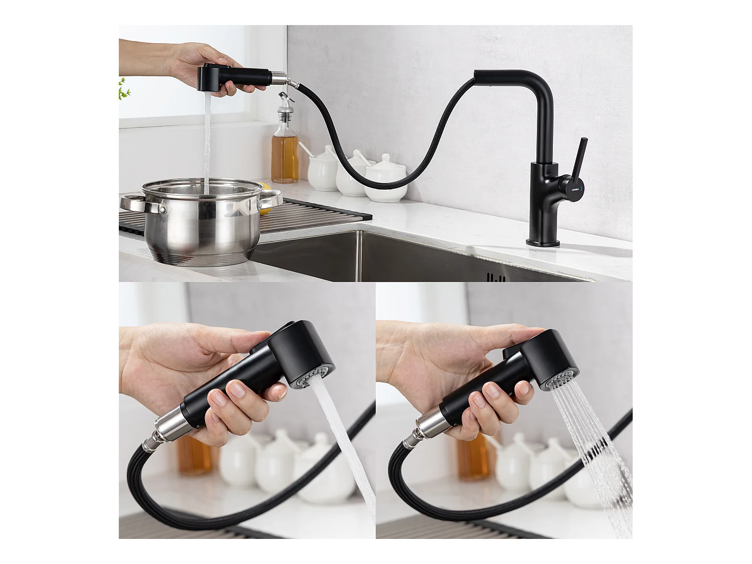 Auralum Max Évier Cuisine 1 Bac 62*45*21CM,en Inox PVD Nano Vasque à Poser,Noir+Robinet de Cuisine Noir avec Douchette Extractible,Deux Jets