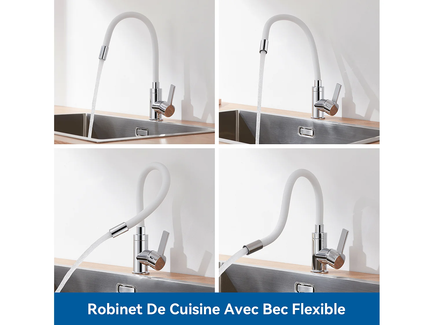 Évier Cuisine 1 Bac 55*45CM Évier Encastré et à Poser avec Distributeur de Savon+Robinet Cuisine Flexible Bec Haut Orientable Librement Blanc