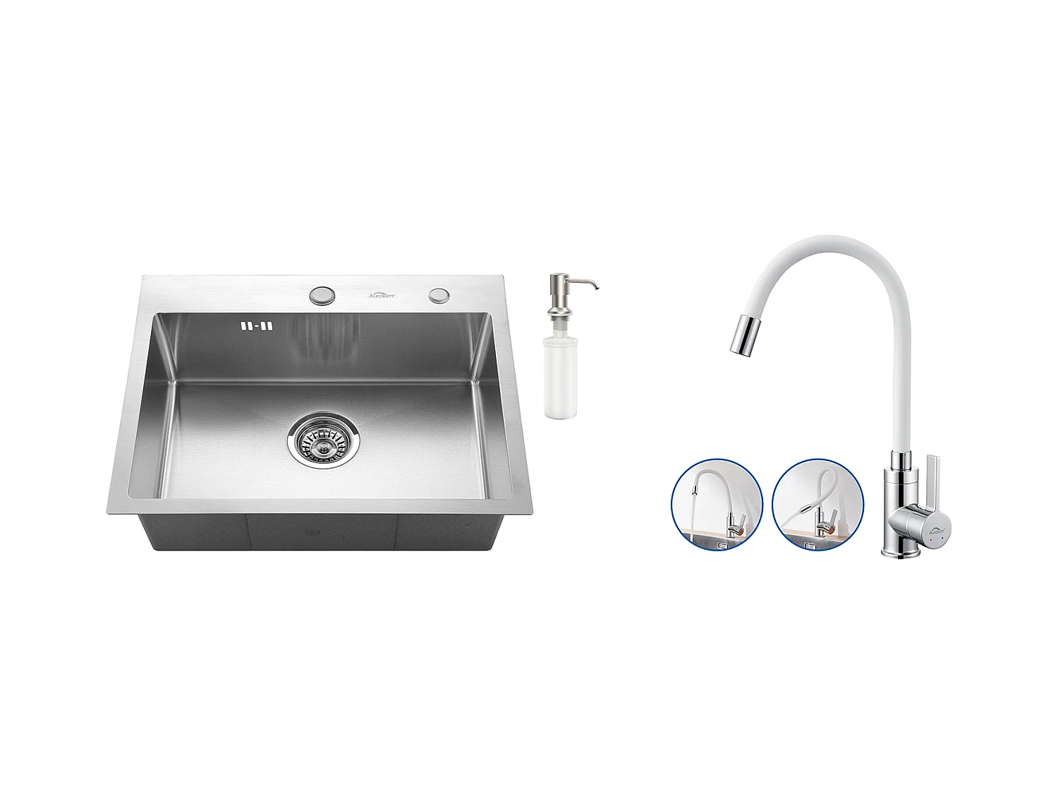 Lavello Cucina 1 Vassoio 55*45CM Lavello da incasso e da posare con distributore di sapone+rubinetto da cucina flessibile,bianco