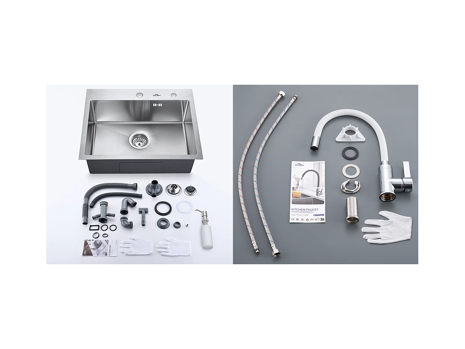 Lavello Cucina 1 Vassoio 55*45CM Lavello da incasso e da posare con distributore di sapone+rubinetto da cucina flessibile,bianco