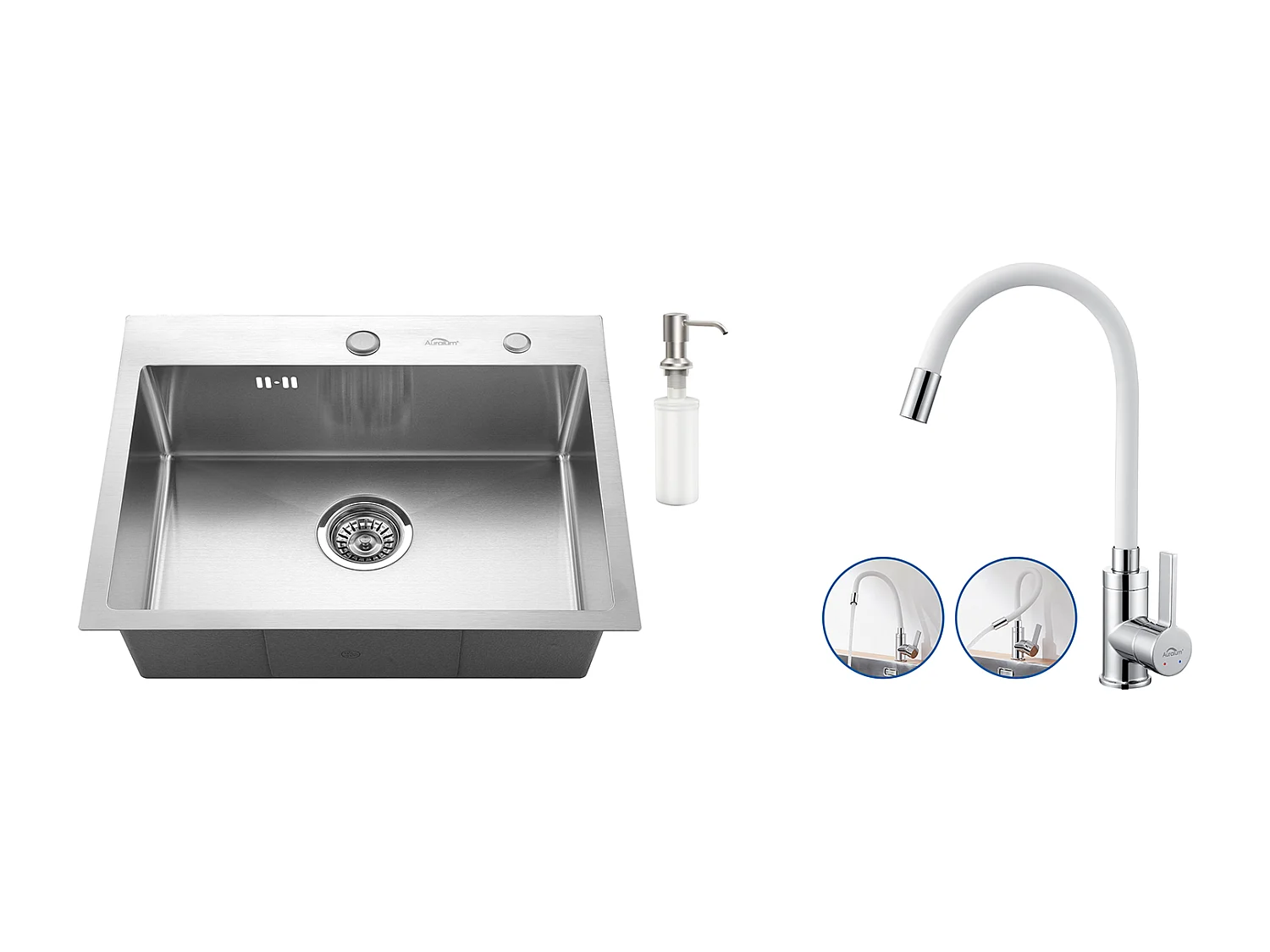 Fregadero Cocina 1 Bandeja 55*45CM con Dispensador de Jabón+Grifero Cocina Flexible Cano Alto Orientable Libremente Blanco