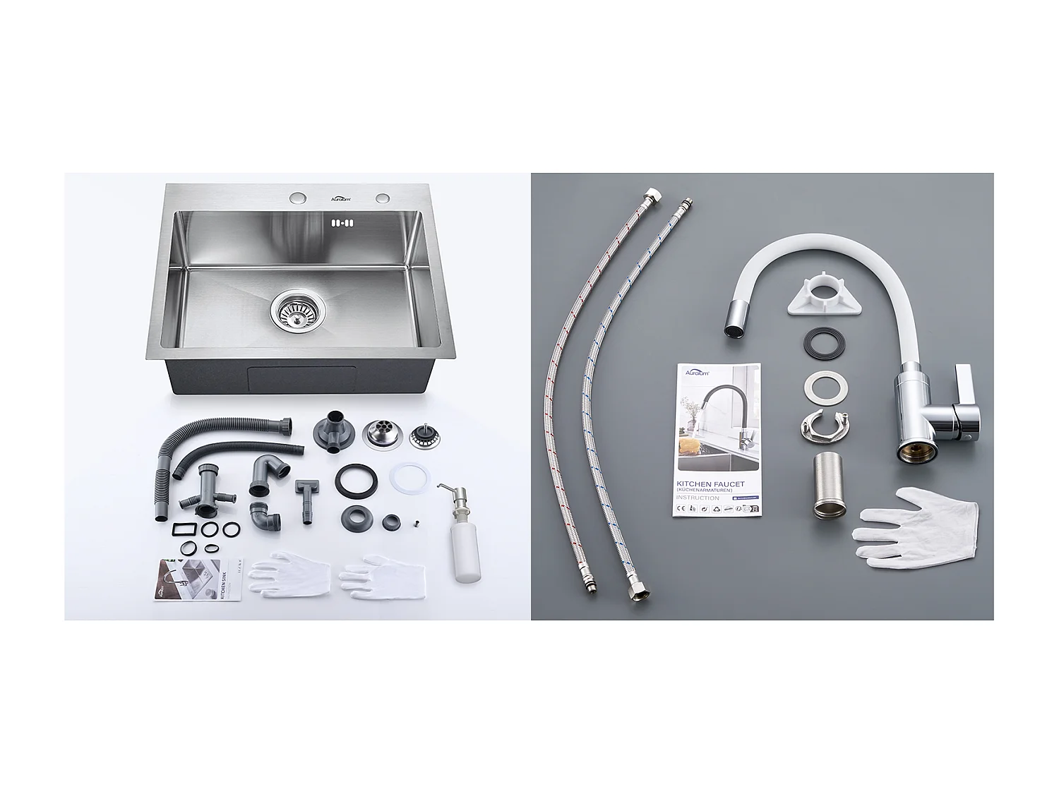 Fregadero Cocina 1 Bandeja 55*45CM con Dispensador de Jabón+Grifero Cocina Flexible Cano Alto Orientable Libremente Blanco