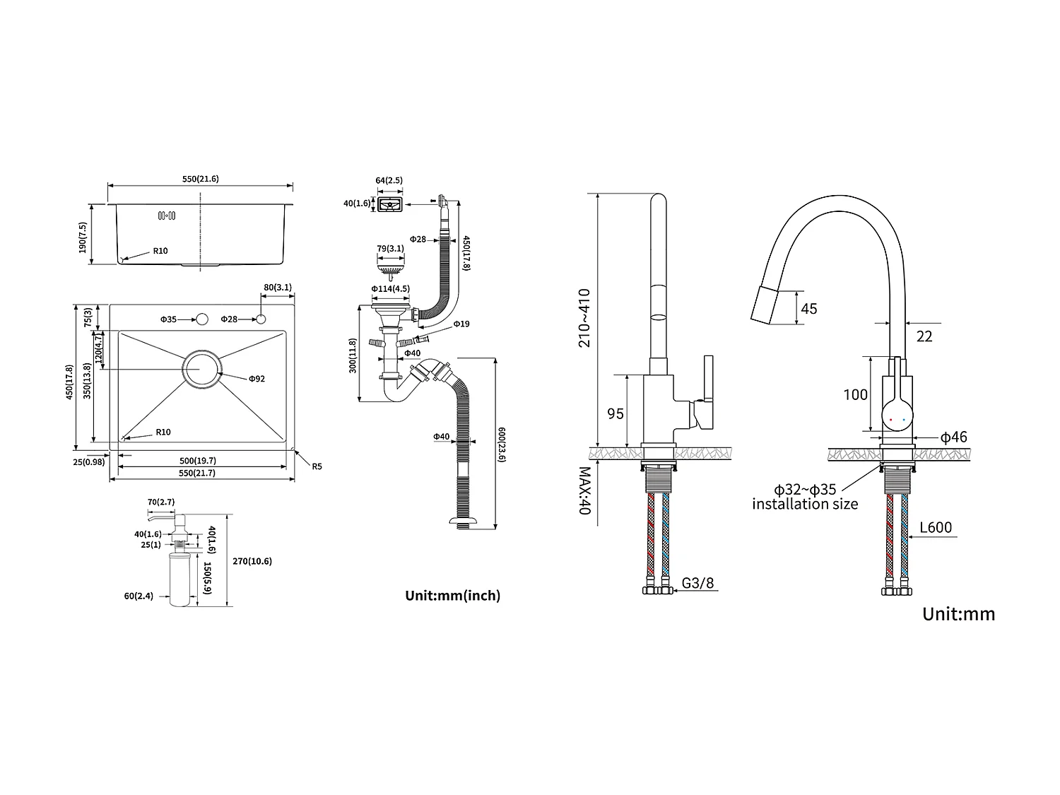 Aanrecht 1 Bak 55*45CM Inbouw- en Opbouwspoelbak met Zeepdispenser+Flexibele Keukenkraan Hoge Uitlek Vrij Draaibaar Wit