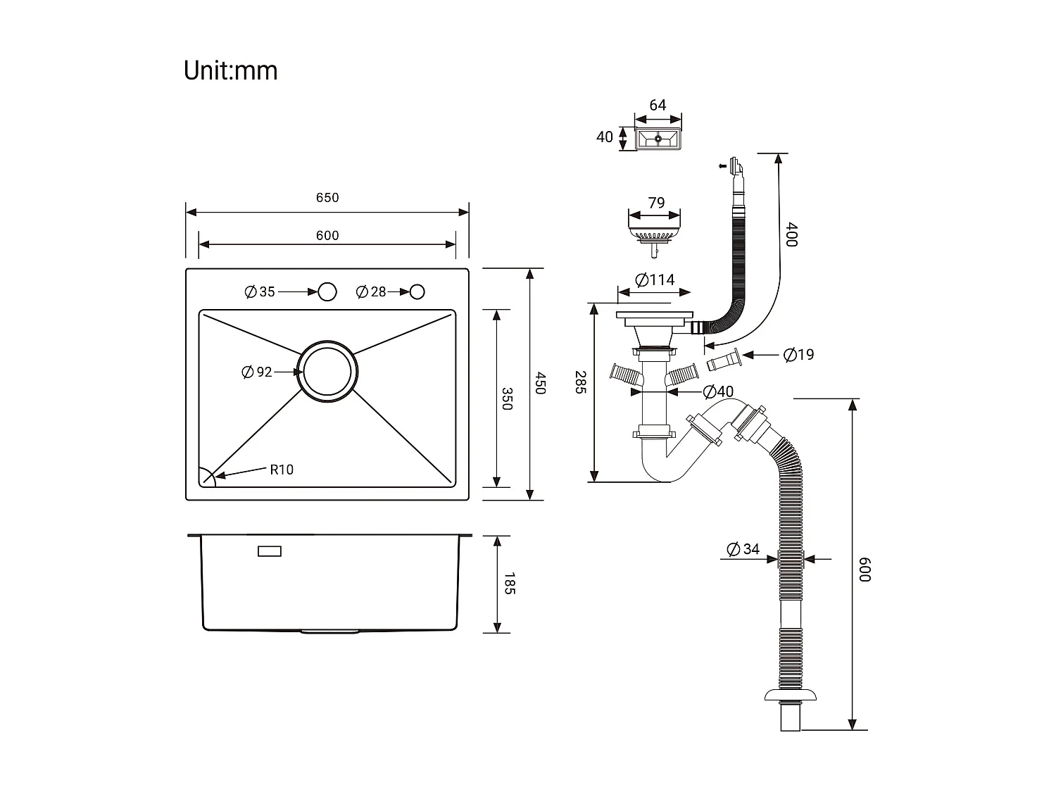 1 Becken Küchenspüle aus gebürstetem Edelstahl 65x45CM, Einbau-/Aufputzmontage + Küchenarmatur, 360° schwenkbar, Warm-/Kaltwasser, Messing, Chrom