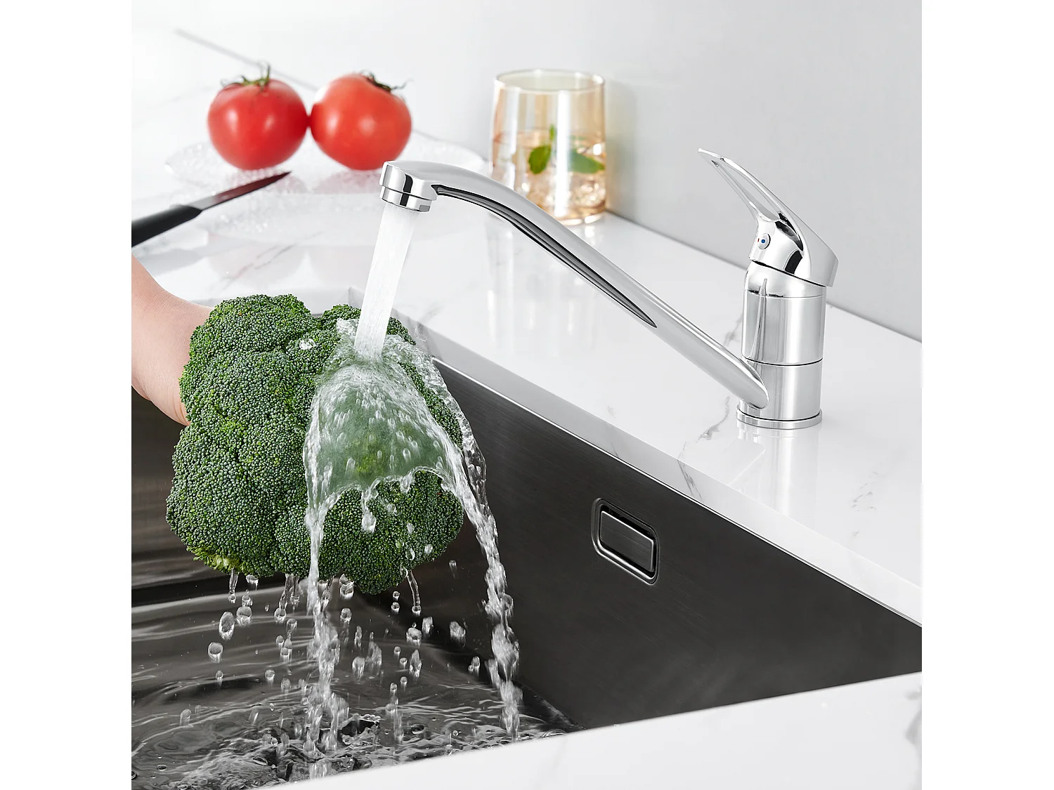 Lavello Cucina 1 Vassoio Acciaio Inossidabile Spazzolato 65x45CM,Incassato/da Posare+Rubinetto CuIsine,acqua calda/fredda,in ottone,cromato