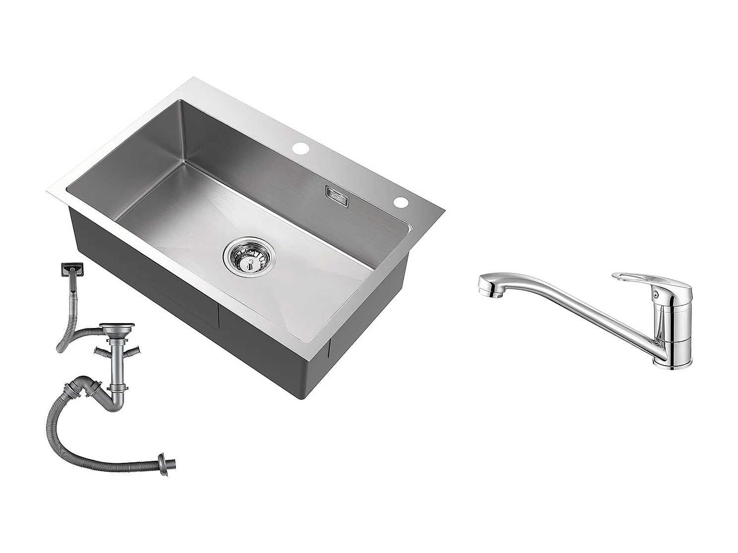 Fregadero Cocina 1 Bandeja Acero Inoxidable Cepillado 65x45CM, Empotrado/para Colocar+Grifo Cuisine,Orientable 360°,Latón,Cromado