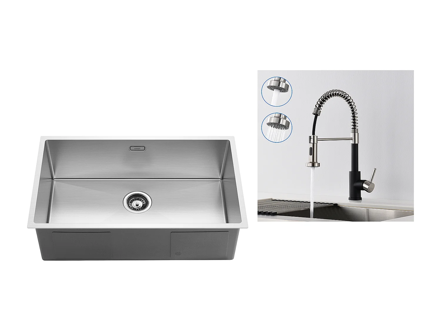 74 * 44 * 20 cm Küchenspüle aus 304 Edelstahl mit Einzelbecken, gebürstete Spüle mit Siphon und Überlauf + 360 ° drehbarer, ausziehbarer Küchenarmatur aus Edelstahl