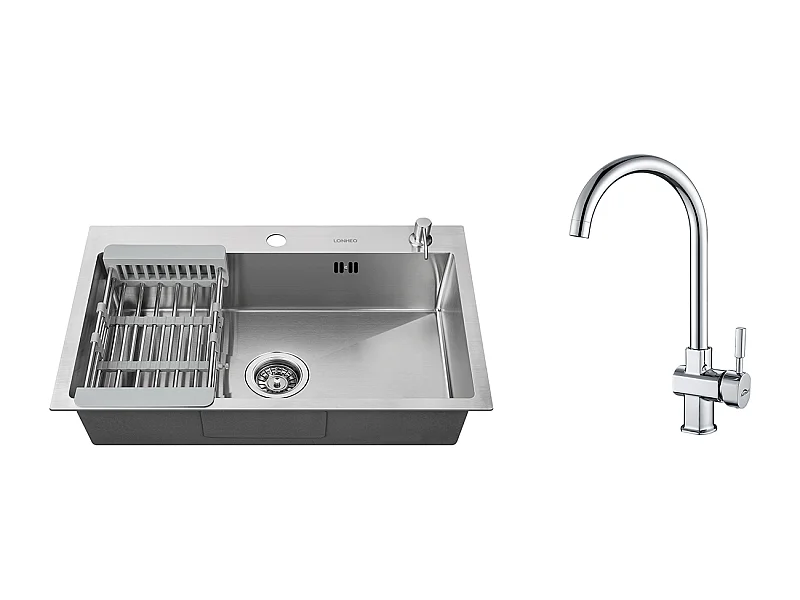 2 en 1 Fregadero Cocina BRossé 68x45x19CM con Distributor Jabón Escurridor Cesta+Grifo de Cocina Cromado Girante 360° Agua Fría/Caliente