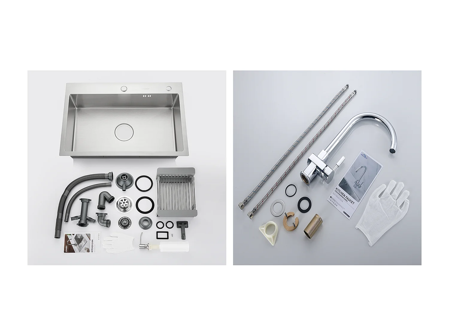 2 en 1 Fregadero Cocina BRossé 68x45x19CM con Distributor Jabón Escurridor Cesta+Grifo de Cocina Cromado Girante 360° Agua Fría/Caliente