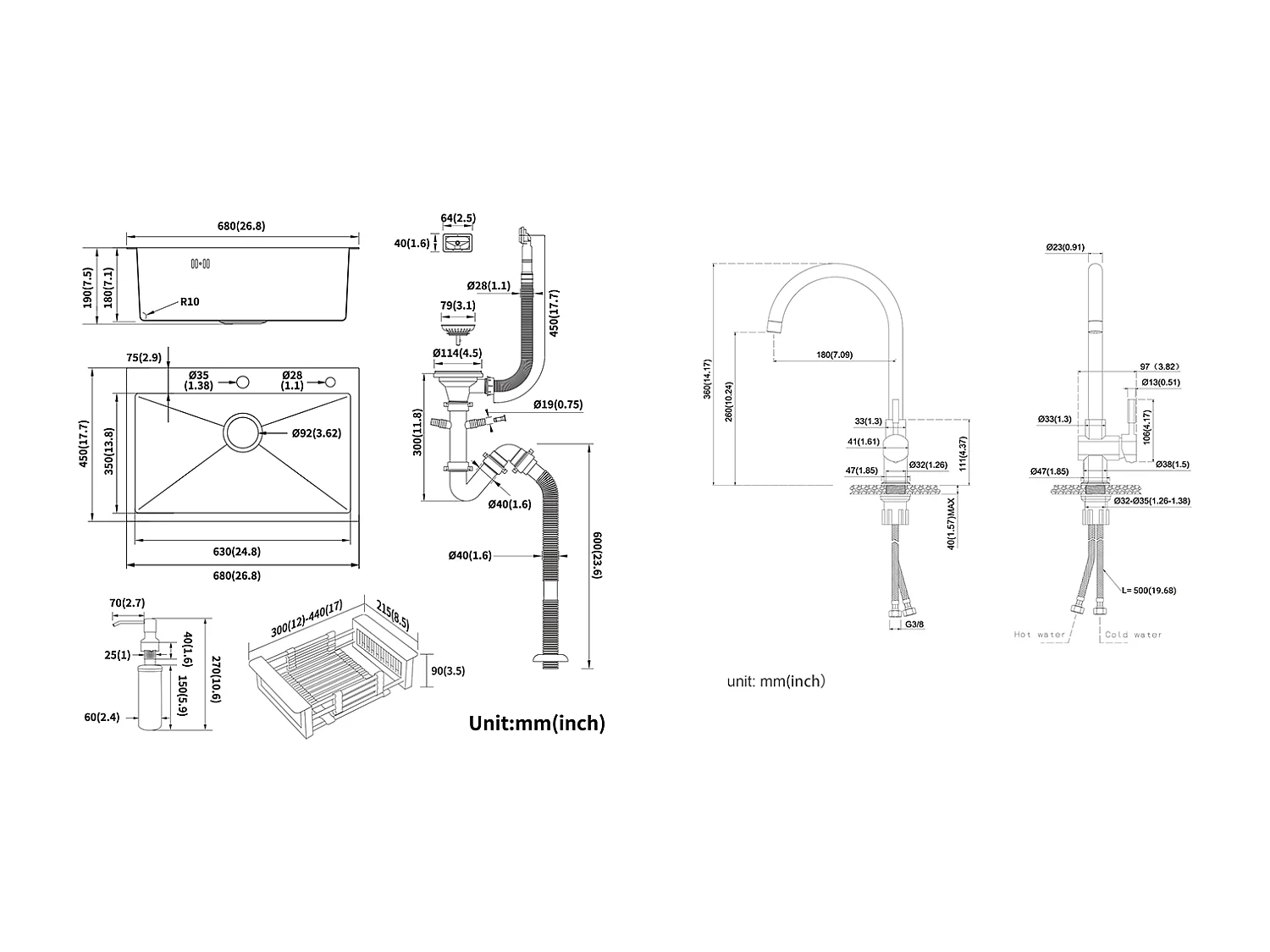2 en 1 Fregadero Cocina BRossé 68x45x19CM con Distributor Jabón Escurridor Cesta+Grifo de Cocina Cromado Girante 360° Agua Fría/Caliente