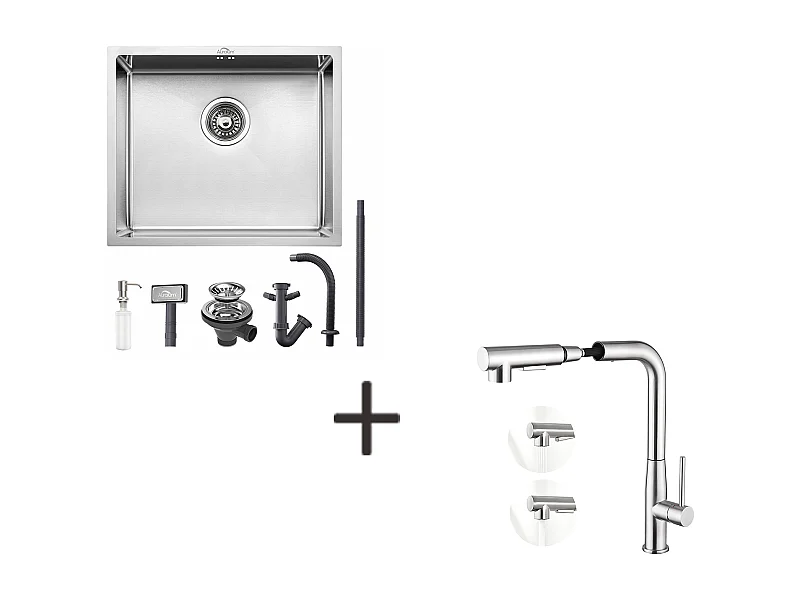 Évier Cuisine Inox 1 Bac 50*43*18CM avec Distributeur Savon+Mitigeur d'Évier avec Douchette Extractible,2 Modes Jets Eau Froide/Chaude,Brossé