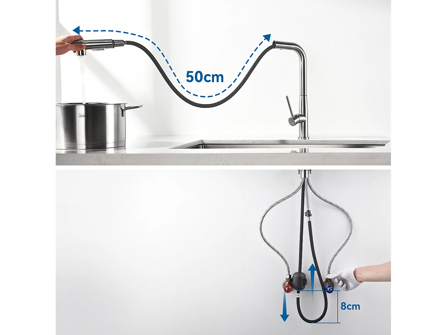 Évier Cuisine Inox 1 Bac 50*43*18CM avec Distributeur Savon+Mitigeur d'Évier avec Douchette Extractible,2 Modes Jets Eau Froide/Chaude,Brossé