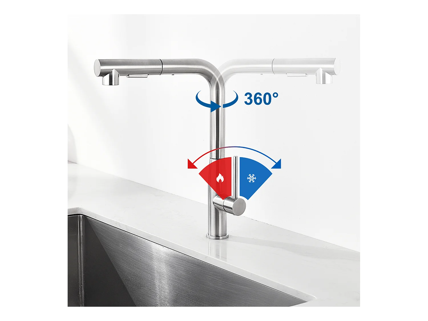 RVS Aanrecht 1 Bak 50*43*18CM met Zeepdispenser+Spoelbakmengkraan met Uittrekbare Handdouche,2 Straalmodi Koud/Warm Water,Geborsteld