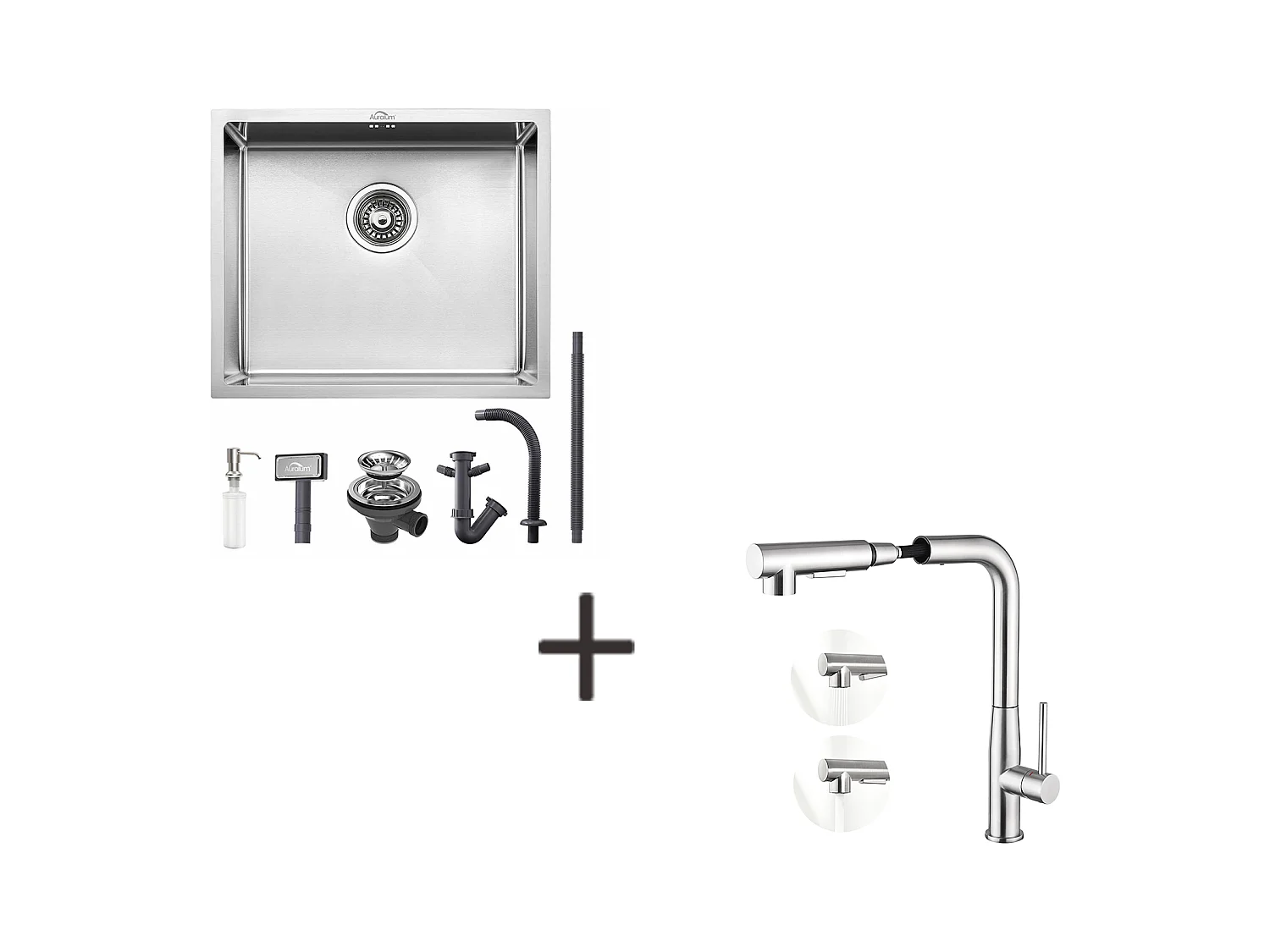 RVS Aanrecht 1 Bak 50*43*18CM met Zeepdispenser+Spoelbakmengkraan met Uittrekbare Handdouche,2 Straalmodi Koud/Warm Water,Geborsteld