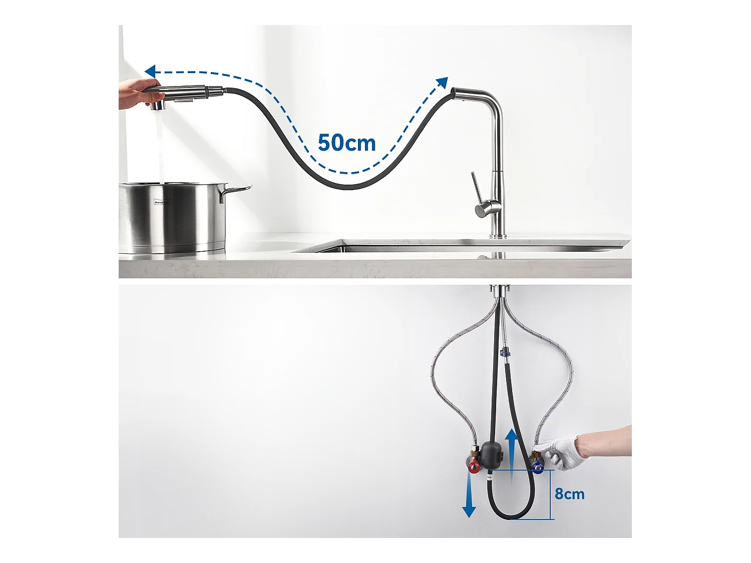 RVS Aanrecht 1 Bak 50*43*18CM met Zeepdispenser+Spoelbakmengkraan met Uittrekbare Handdouche,2 Straalmodi Koud/Warm Water,Geborsteld