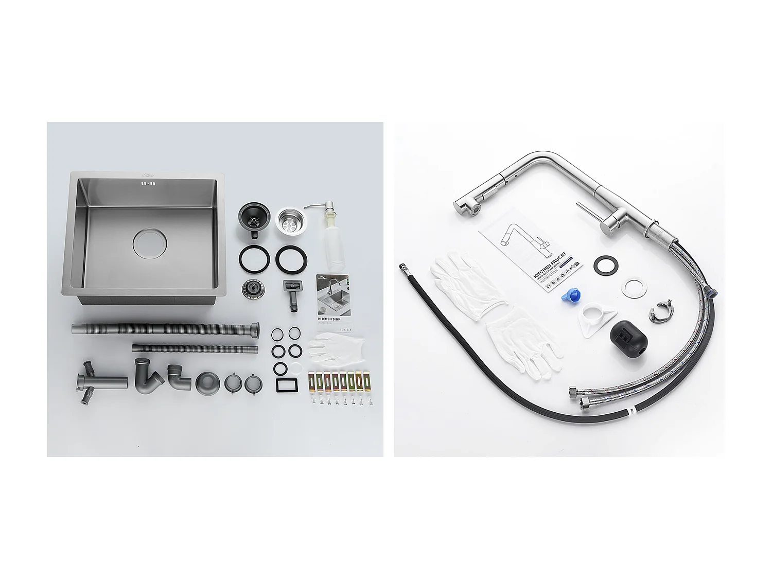 Küchenspüle aus Edelstahl, 1 Becken, 50 x 43 x 18 cm, mit Seifenspender + Spültischmischer mit ausziehbarer Brause, 2 Strahlarten für Kalt-/Warmwasser, gebürstet