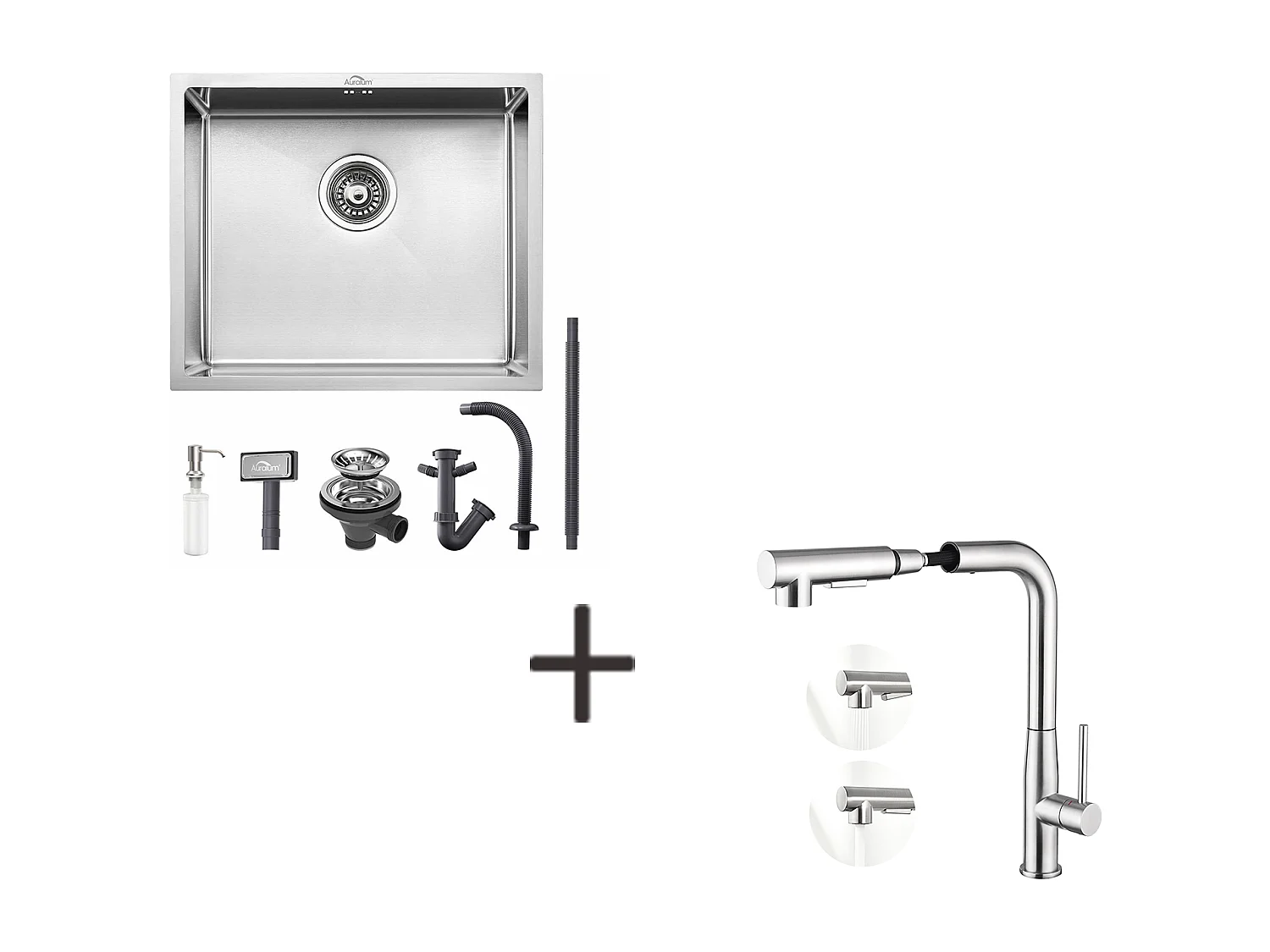 Évier Cuisine Inox 1 Bac 50*43*18CM avec Distributeur Savon+Mitigeur d'Évier avec Douchette Extractible,2 Modes Jets Eau Froide/Chaude,Brossé