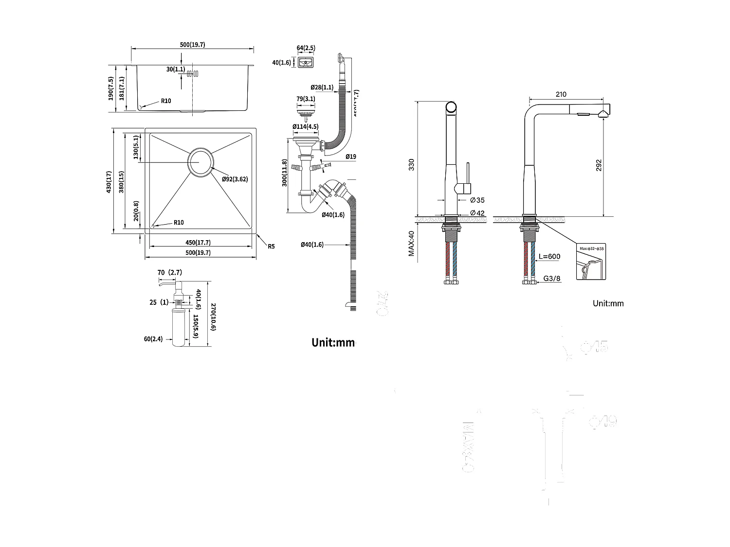 Évier Cuisine Inox 1 Bac 50*43*18CM avec Distributeur Savon+Mitigeur d'Évier avec Douchette Extractible,2 Modes Jets Eau Froide/Chaude,Brossé