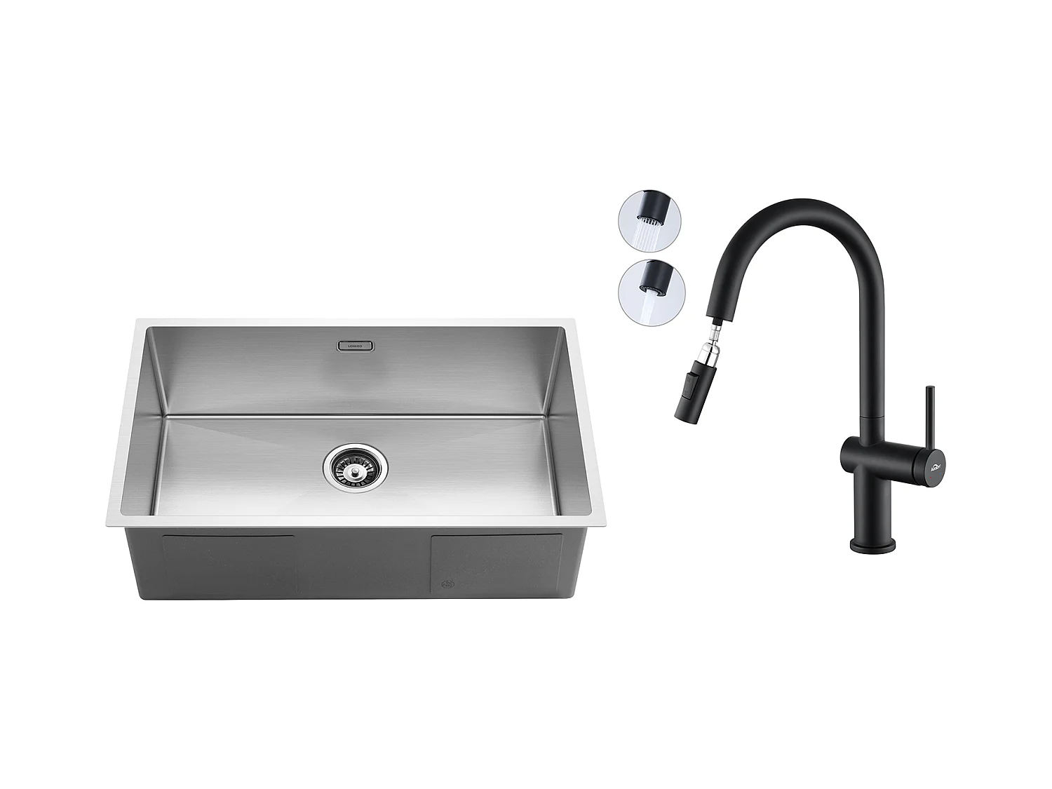 Évier Cuisine 1 Bac 74*44*20CM 304 Inox Évier Brossé avec Siphon et Trop-Plein +robinet de cuisine rétractable à deux fonctions, Noir