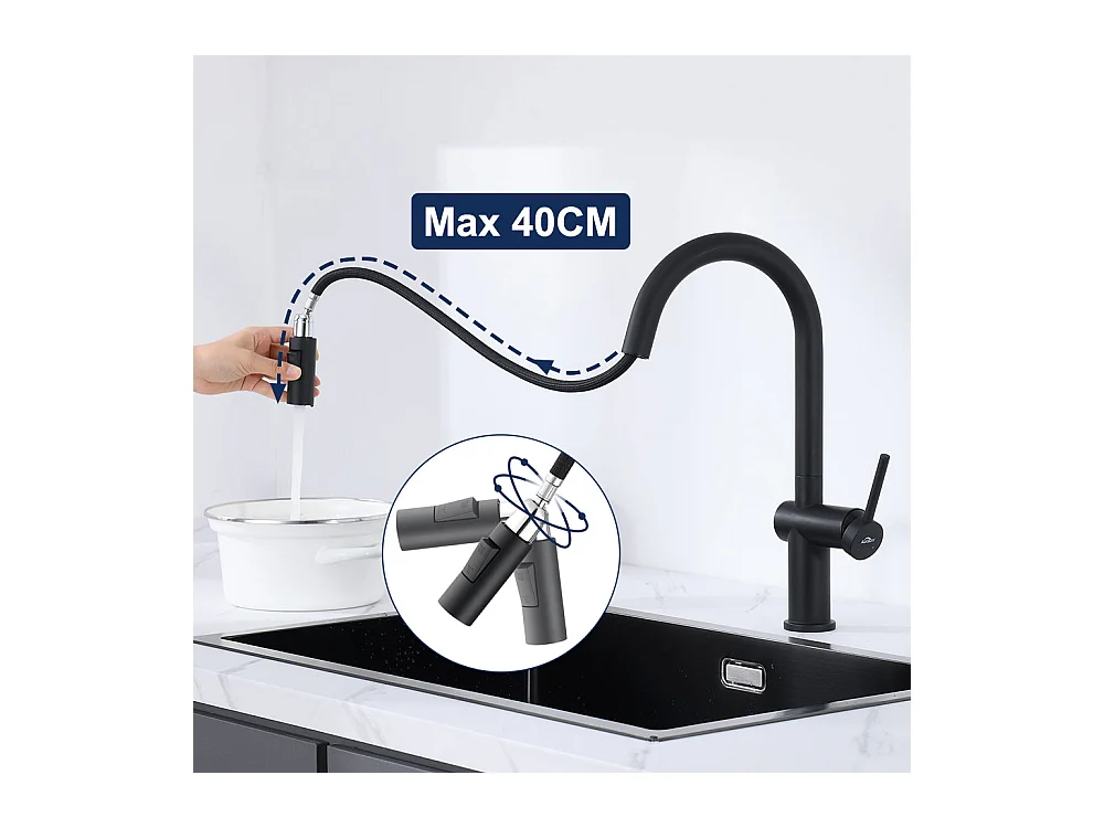 Évier Cuisine 1 Bac 74*44*20CM 304 Inox Évier Brossé avec Siphon et Trop-Plein +robinet de cuisine rétractable à deux fonctions, Noir