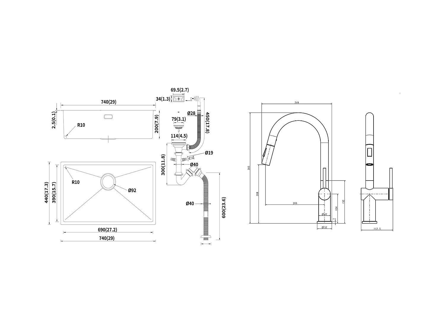 Évier Cuisine 1 Bac 74*44*20CM 304 Inox Évier Brossé avec Siphon et Trop-Plein +robinet de cuisine rétractable à deux fonctions, Noir