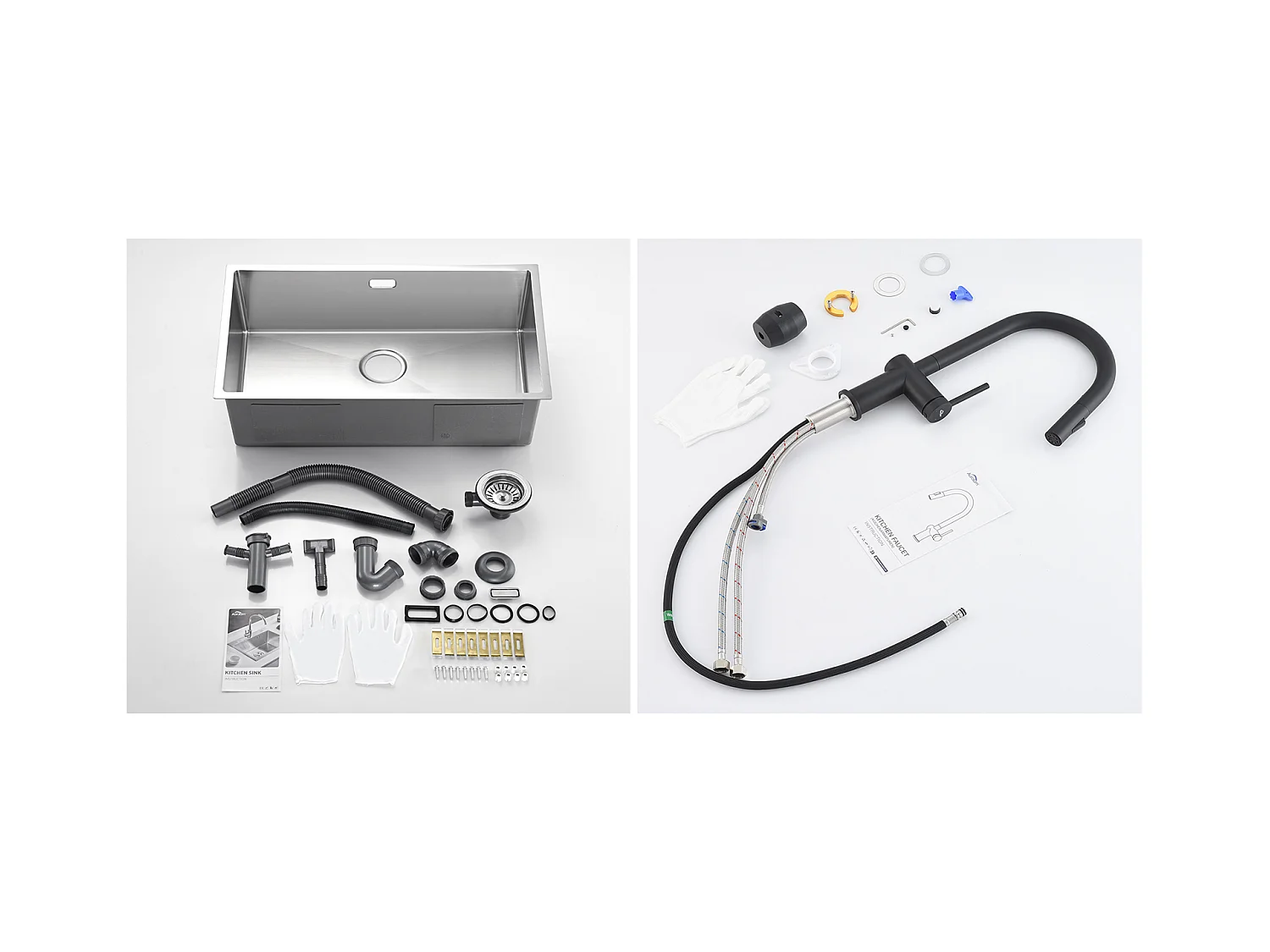 Évier Cuisine 1 Bac 74*44*20CM 304 Inox Évier Brossé avec Siphon et Trop-Plein +robinet de cuisine rétractable à deux fonctions, Noir