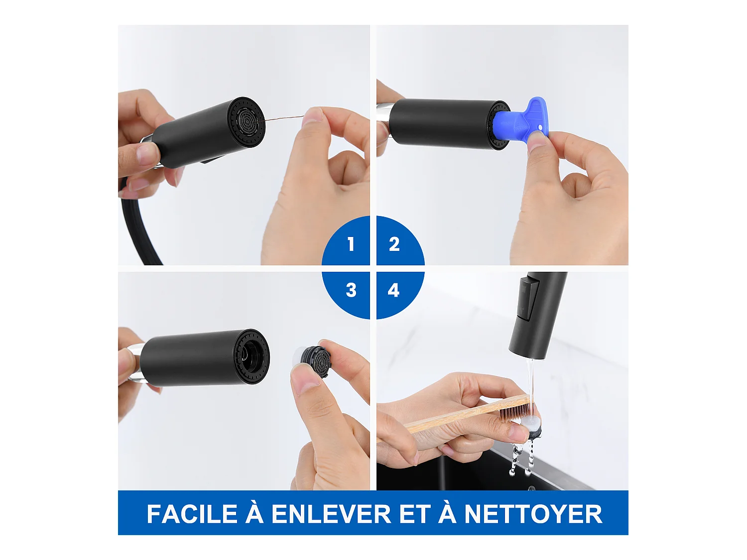 Évier Cuisine 1 Bac 74*44*20CM 304 Inox Évier Brossé avec Siphon et Trop-Plein +robinet de cuisine rétractable à deux fonctions, Noir