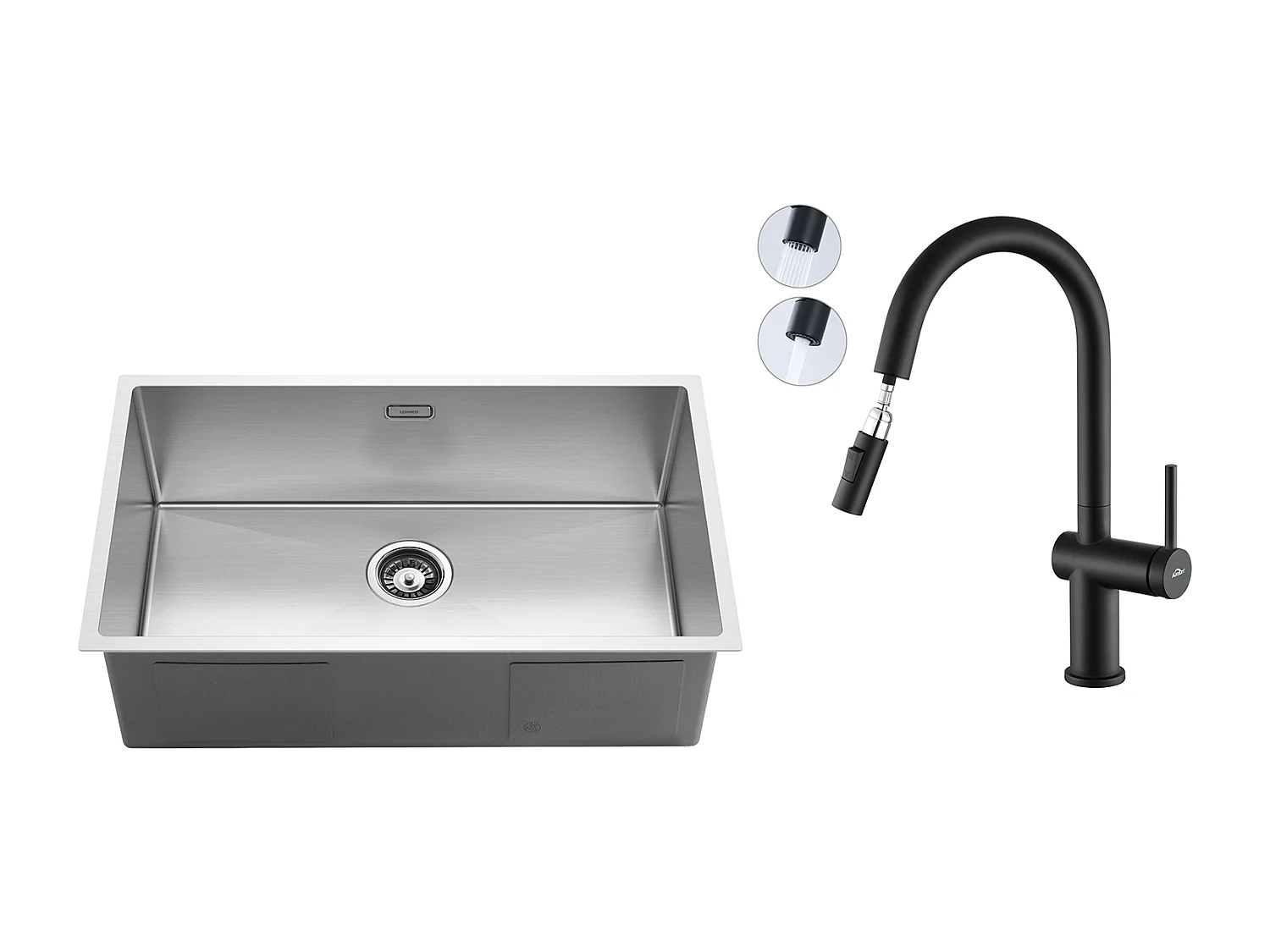 Fregadero Cocina 1 Bandeja 74*44*20CM 304 Inox Fregadero Cepillado con Sifón y Trop-Plein +Grifo de cocina retráctil de dos funciones, Negro