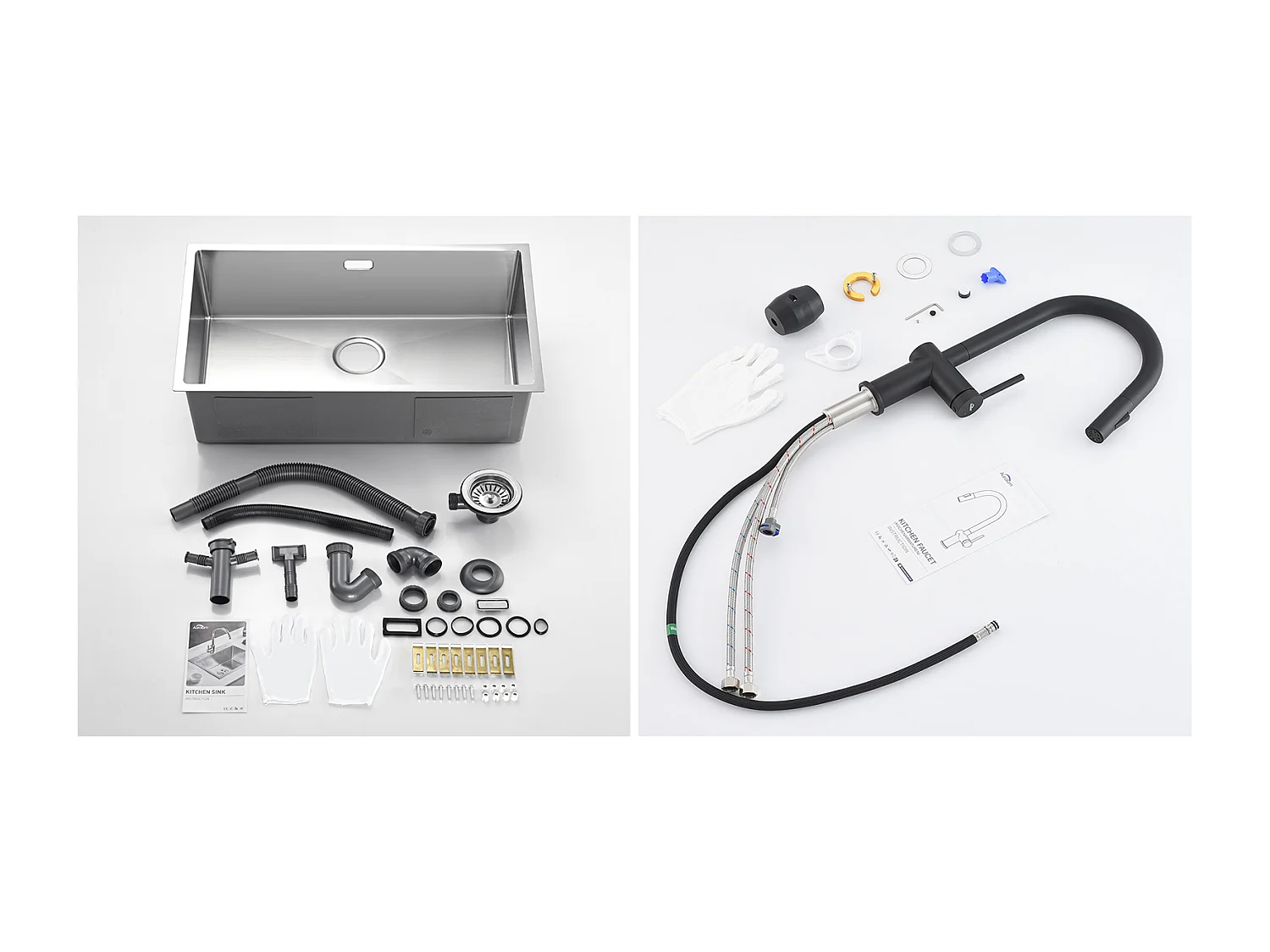 Fregadero Cocina 1 Bandeja 74*44*20CM 304 Inox Fregadero Cepillado con Sifón y Trop-Plein +Grifo de cocina retráctil de dos funciones, Negro