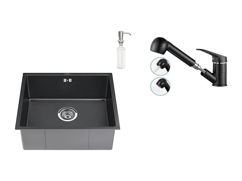 Évier Noir 1 Bac 50x43x18,5CM,Acier Inoxydable, avec Distrubuteur de savon+Robinet de Cuisine Noir avec Douchette Extractible 2 Jets à 360°