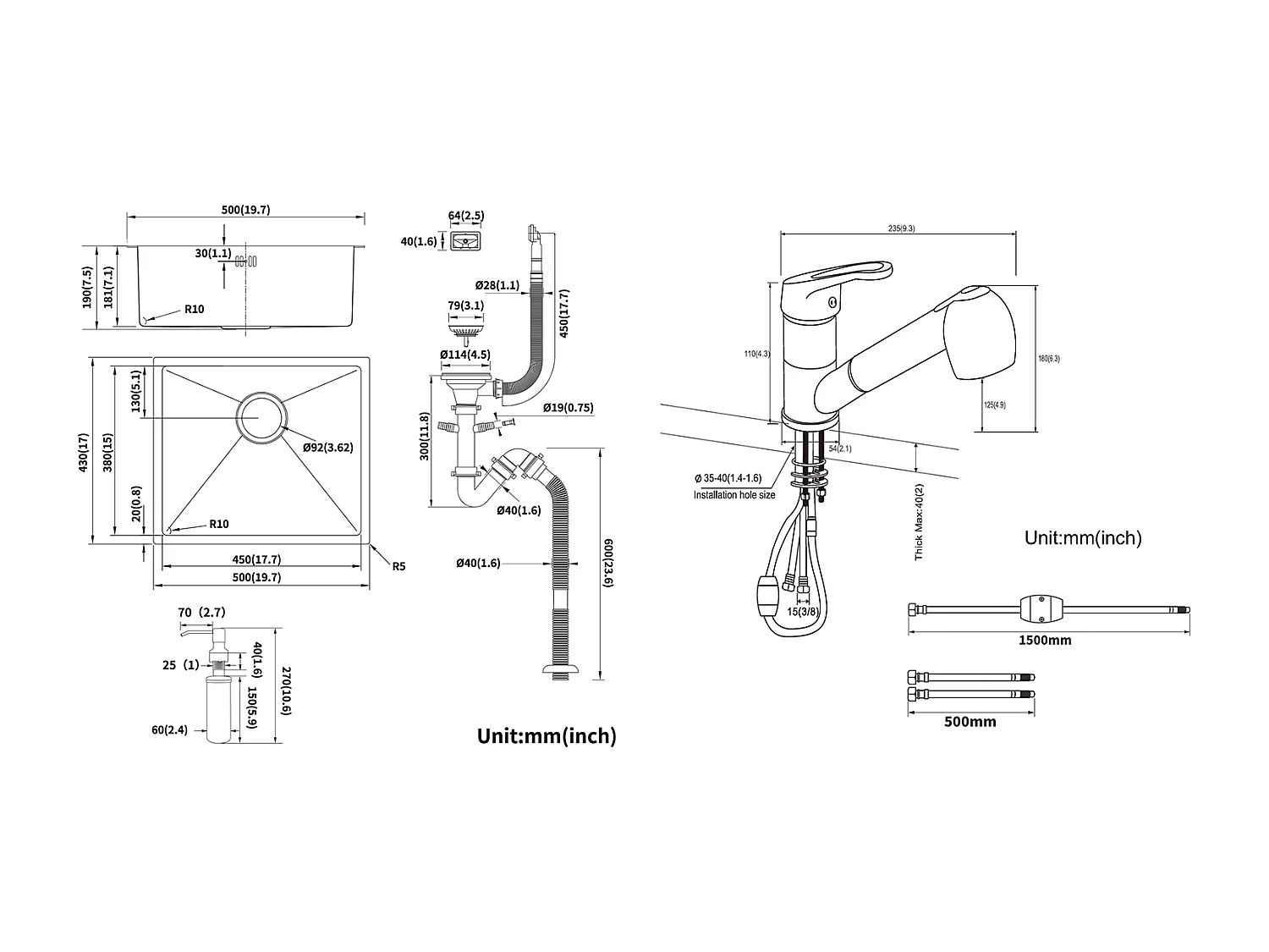 Schwarze Spüle 1 Becken 50x43x18,5 cm, Edelstahl, mit Seifenspender + schwarzer Küchenarmatur mit ausziehbarer Brause 2 Düsen bei 360°