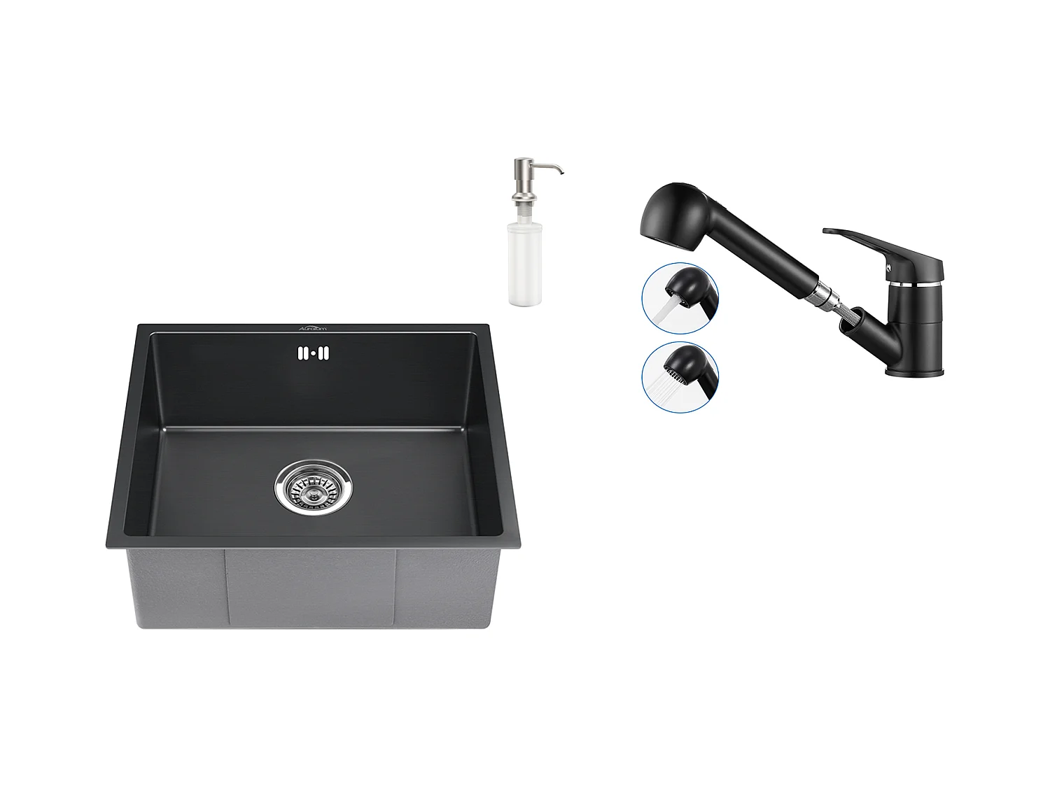 Fregadero Negro 1 Bandeja 50x43x18,5CM,Acero InOxidable, con Distributor de Jabón+Grifo de Cocina Negro con Ducha Extragible 2 Jets a 360°