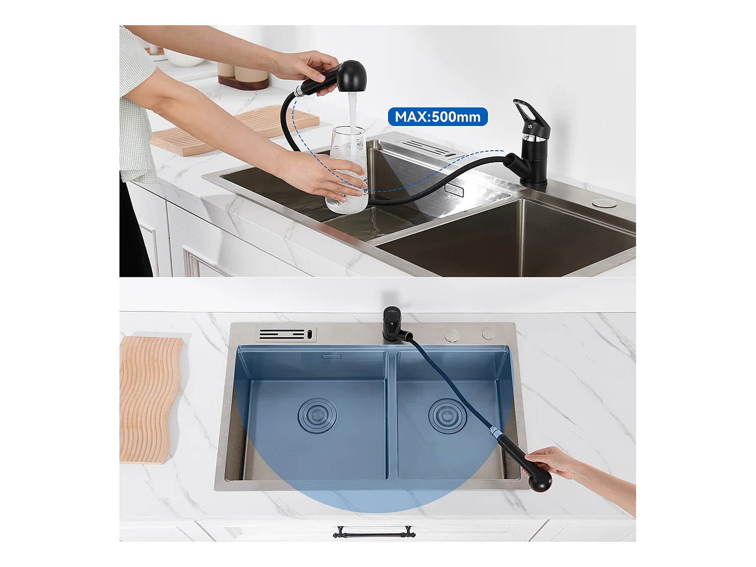 Évier Noir 1 Bac 50x43x18,5CM,Acier Inoxydable, avec Distrubuteur de savon+Robinet de Cuisine Noir avec Douchette Extractible 2 Jets à 360°