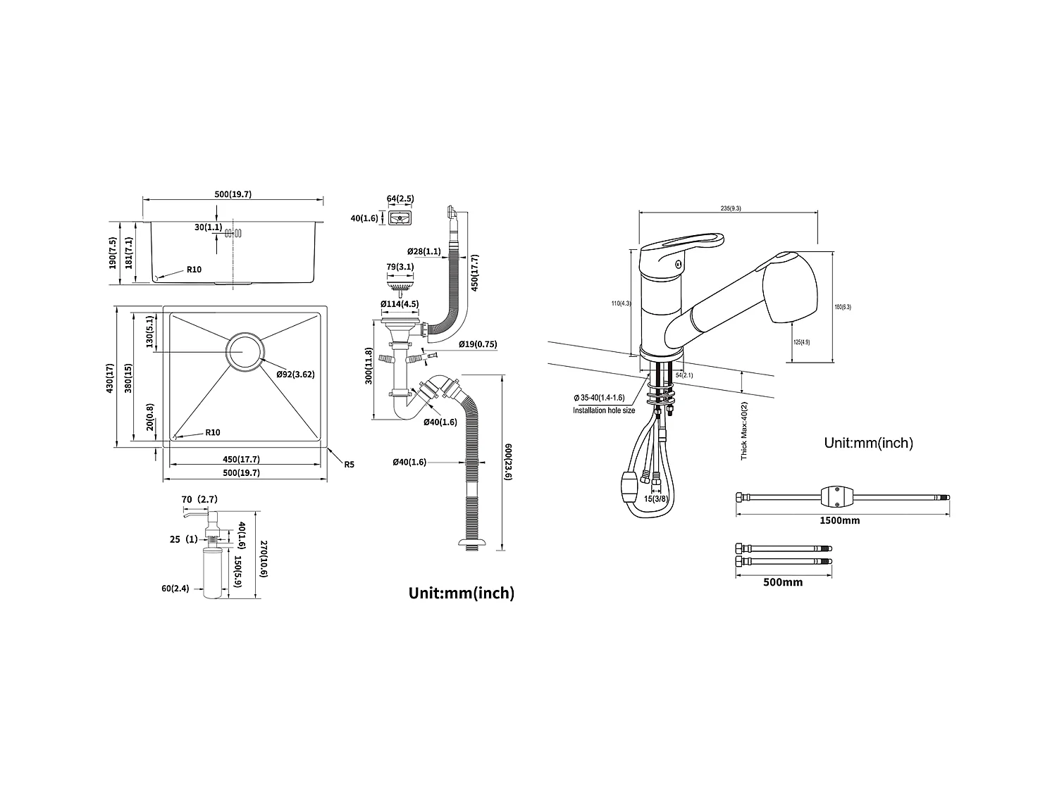 Évier Noir 1 Bac 50x43x18,5CM,Acier Inoxydable, avec Distrubuteur de savon+Robinet de Cuisine Noir avec Douchette Extractible 2 Jets à 360°