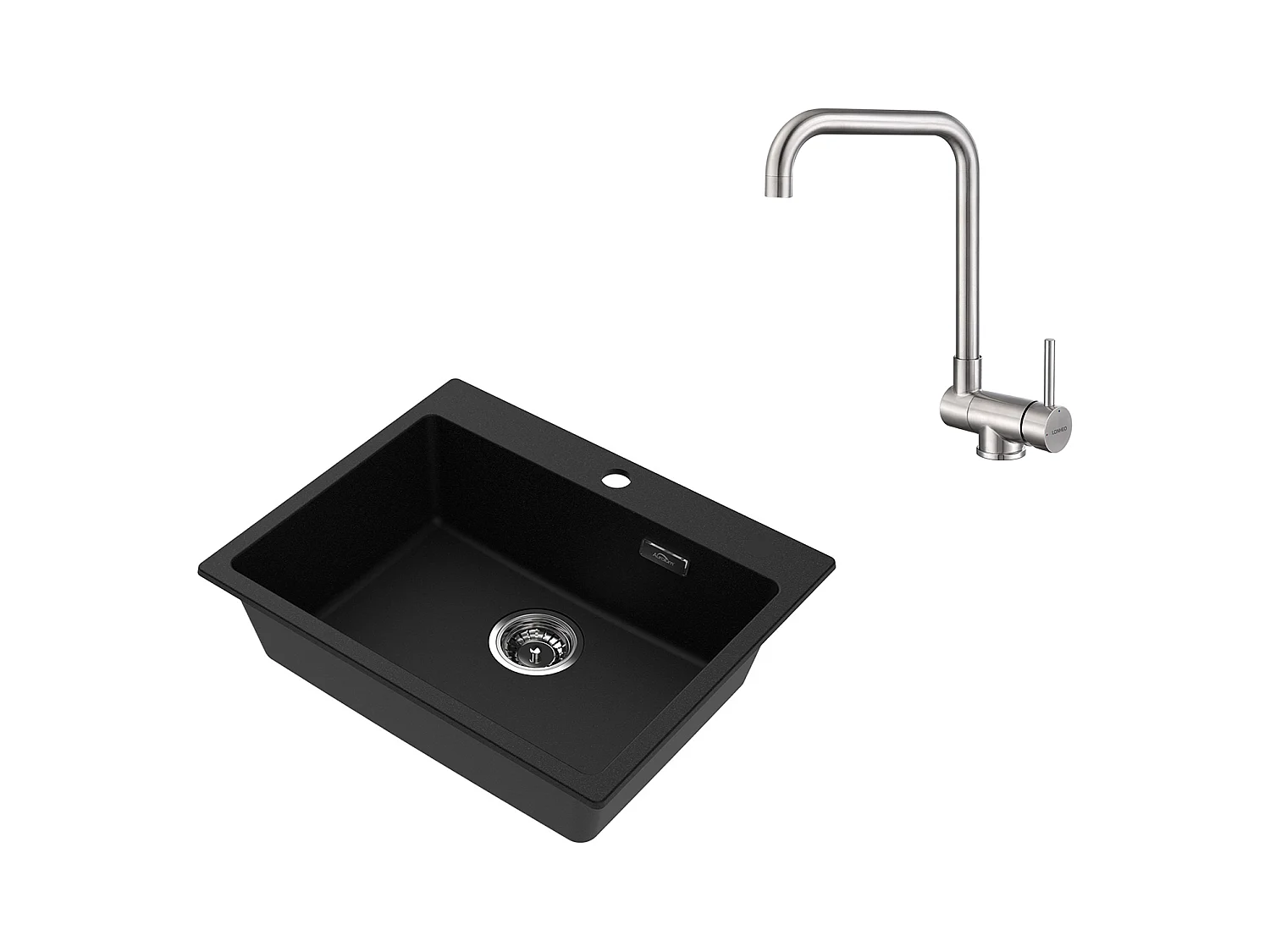 1 Bac Évier Cuisine en Granit,55*45*20cm,Kit de Vidage,Noir+Mitigeur Cuisine Rabattable Pivotant 360° Eau froid Chaud