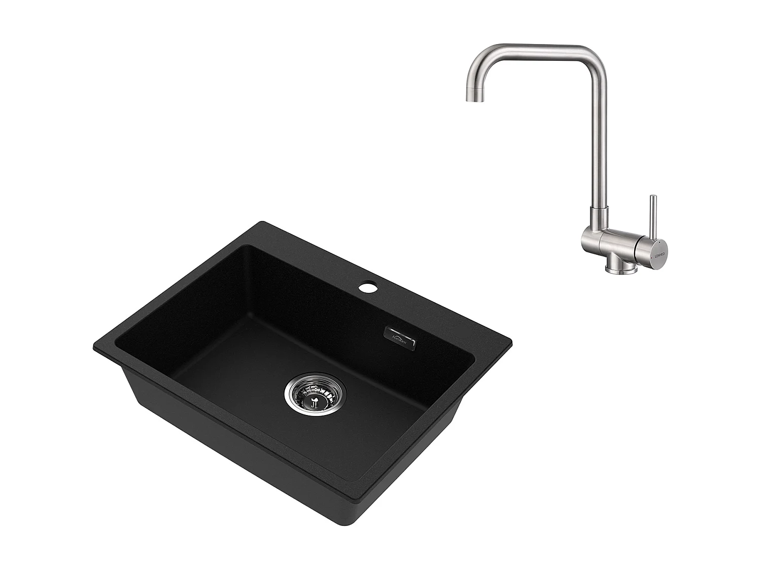 1 Granieten Aanrechtbak, 55*45*20cm, Afvoerset, Zwart + Omklapbare Keukenmengkraan Draaibaar 360° Koud Water Warm