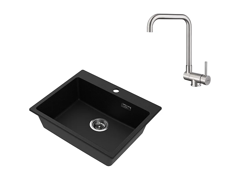 1 Bac Évier Cuisine en Granit,55*45*20cm,Kit de Vidage,Noir+Mitigeur Cuisine Rabattable Pivotant 360° Eau froid Chaud