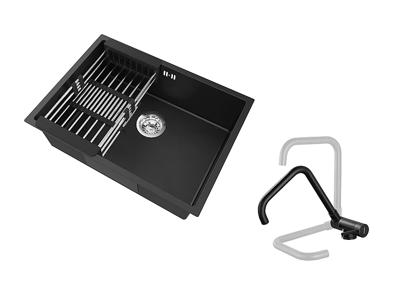 Auralum Max Évier Cuisine 1 Bac 60*44*20CM,inox,à Encastrer avec Panier Drainage,Noir+Mitigeur Cuisine Rabattable Pivotant 360° Eau froid Chaud,Noir