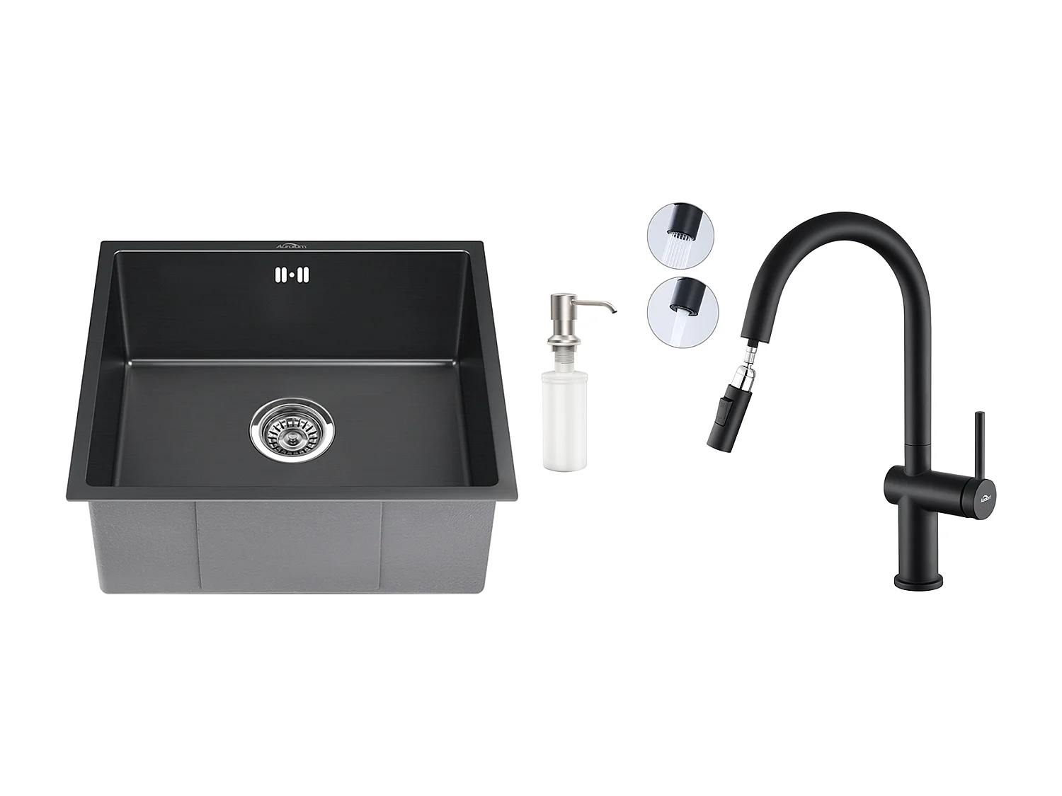 Évier Noir 1 Bac 50x43x18,5CM,Acier Inoxydable, avec Distrubuteur de savon+robinet de cuisine rétractable à deux fonctions, No