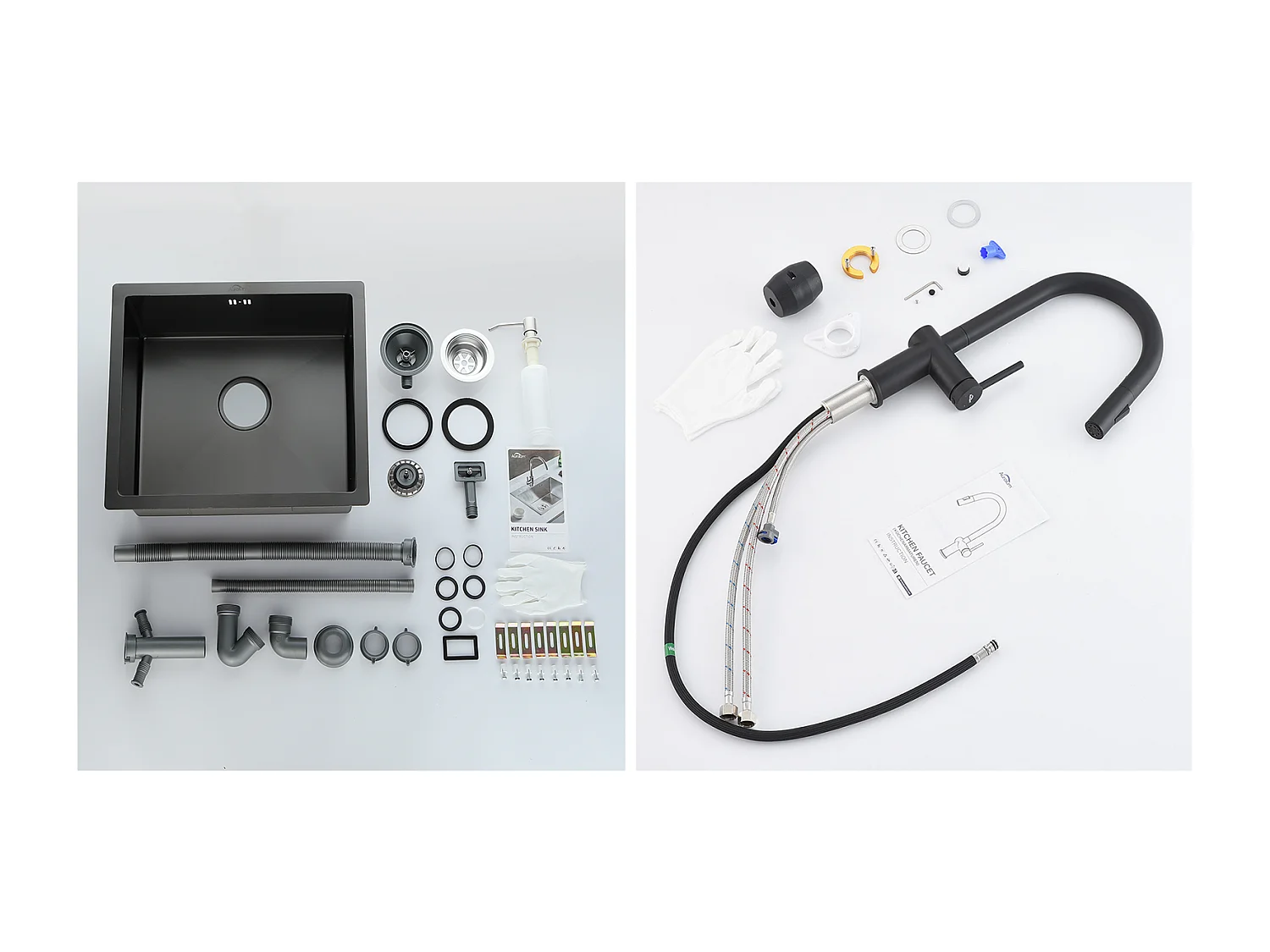 Évier Noir 1 Bac 50x43x18,5CM,Acier Inoxydable, avec Distrubuteur de savon+robinet de cuisine rétractable à deux fonctions, No