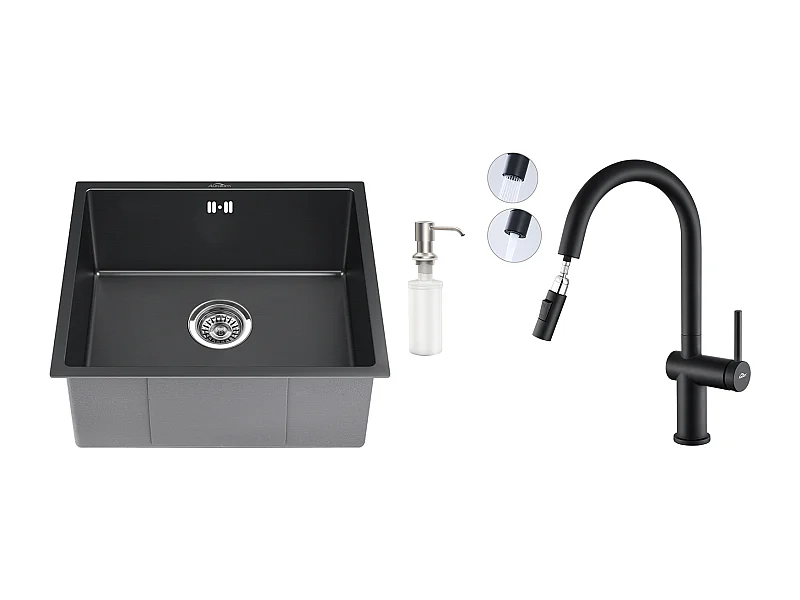 Évier Noir 1 Bac 50x43x18,5CM,Acier Inoxydable, avec Distrubuteur de savon+robinet de cuisine rétractable à deux fonctions, No