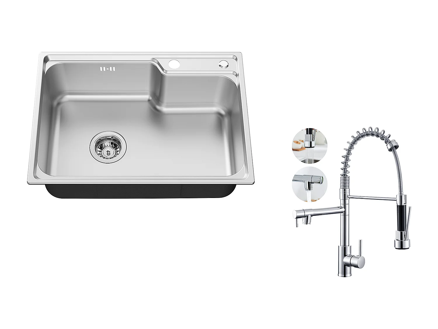 Auralum Max Évier Cuisine 1 Bac 62*45*21CM,en Inox PVD Nano Vasque à Poser,Argent+Robinet Cuisine Rotatif 360° Douchette Extractible