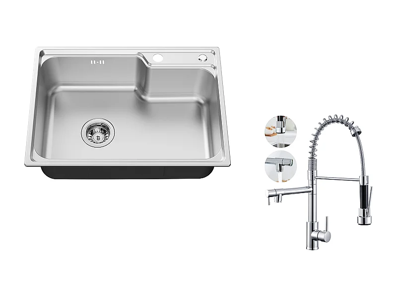 Auralum Max Évier Cuisine 1 Bac 62*45*21CM,en Inox PVD Nano Vasque à Poser,Argent+Robinet Cuisine Rotatif 360° Douchette Extractible