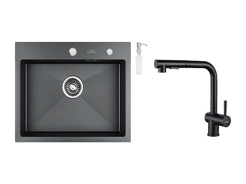 1 Becken Küchenspüle 55*45CM Schwarz + Schwarz Küchenmischbatterie Ausziehbare Brause mit 2 Düsen 360° schwenkbar Abnehmbarer Sprudelkopf aus Edelstahl