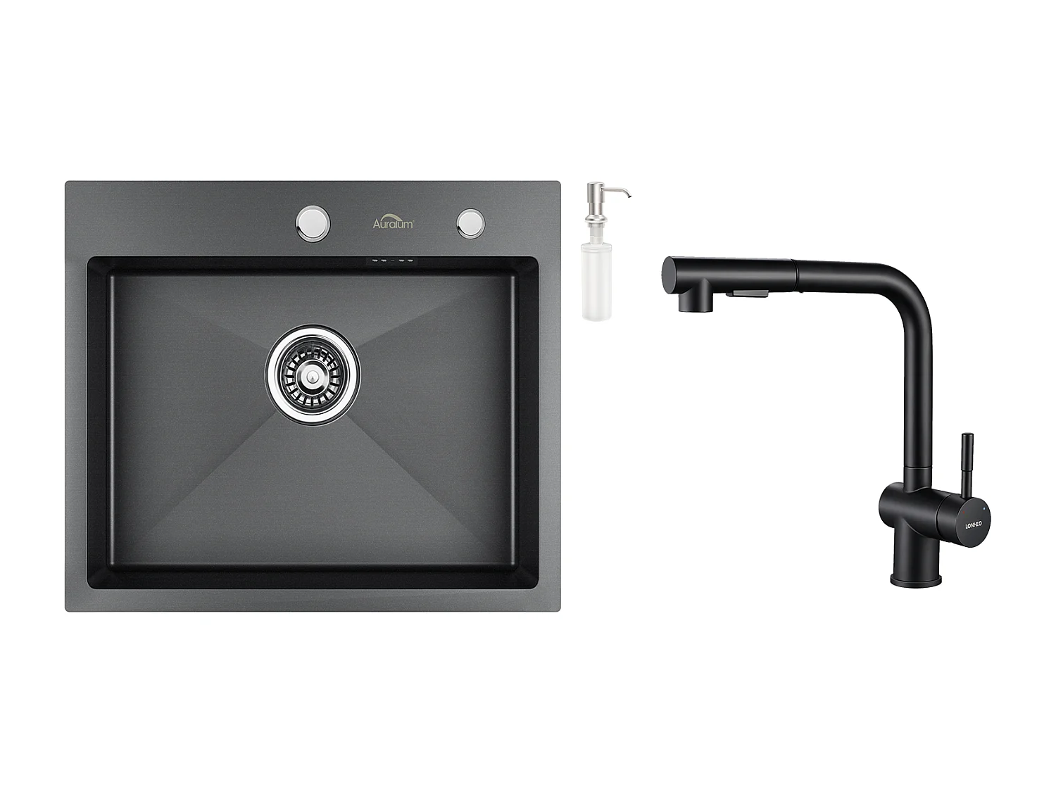 Évier Cuisine 1 Bac 55*45CM Noir+Mitigeur Cuisine Noir Douchette Douchette Extractible à 2 Jets Pivotant à 360° Acier Inox Barboteur Démotable