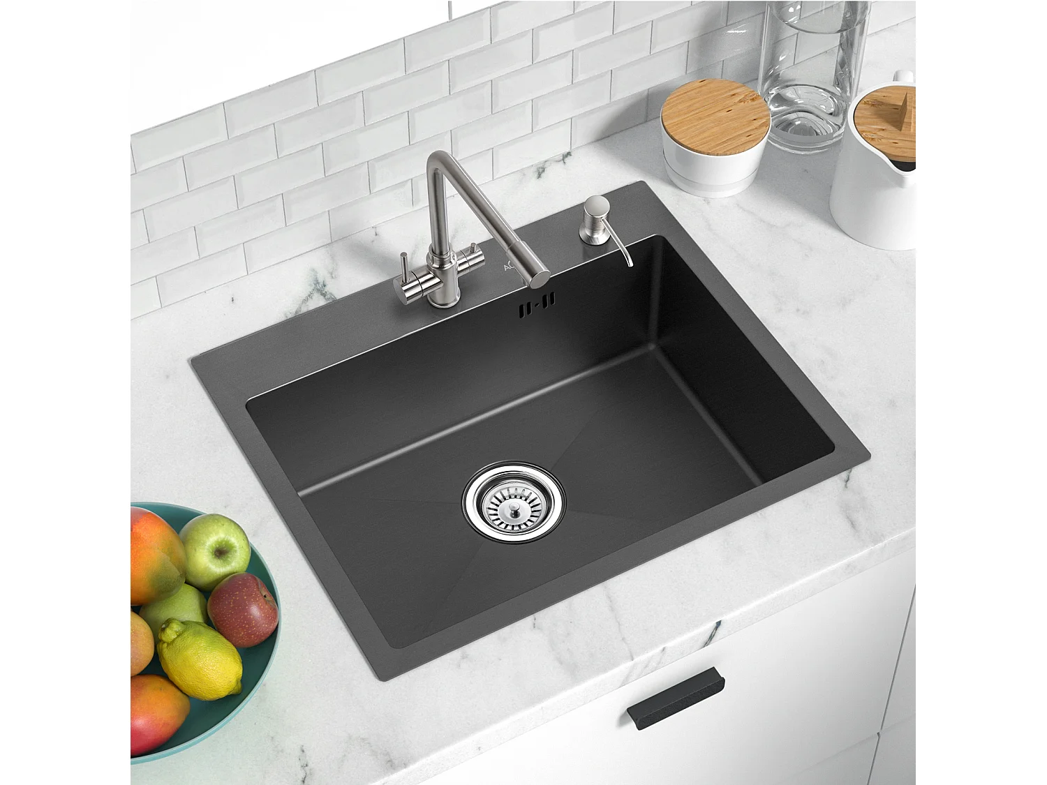 Évier Cuisine 1 Bac 55*45CM Noir+Mitigeur Cuisine Noir Douchette Douchette Extractible à 2 Jets Pivotant à 360° Acier Inox Barboteur Démotable