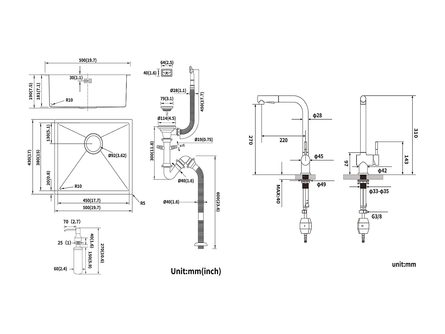 Évier Cuisine 1 Bac 55*45CM Noir+Mitigeur Cuisine Noir Douchette Douchette Extractible à 2 Jets Pivotant à 360° Acier Inox Barboteur Démotable