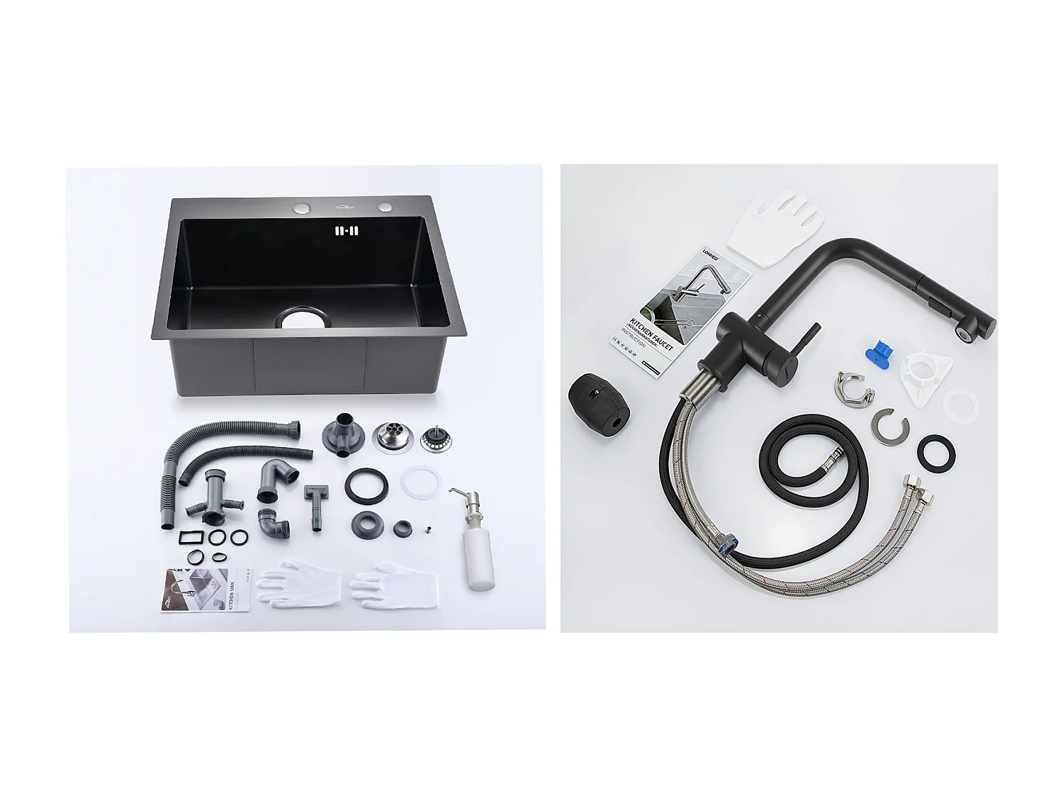 Évier Cuisine 1 Bac 55*45CM Noir+Mitigeur Cuisine Noir Douchette Douchette Extractible à 2 Jets Pivotant à 360° Acier Inox Barboteur Démotable